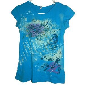 MAX LOVE juniors small 100% cotton blue rose bird abstract graphic tee